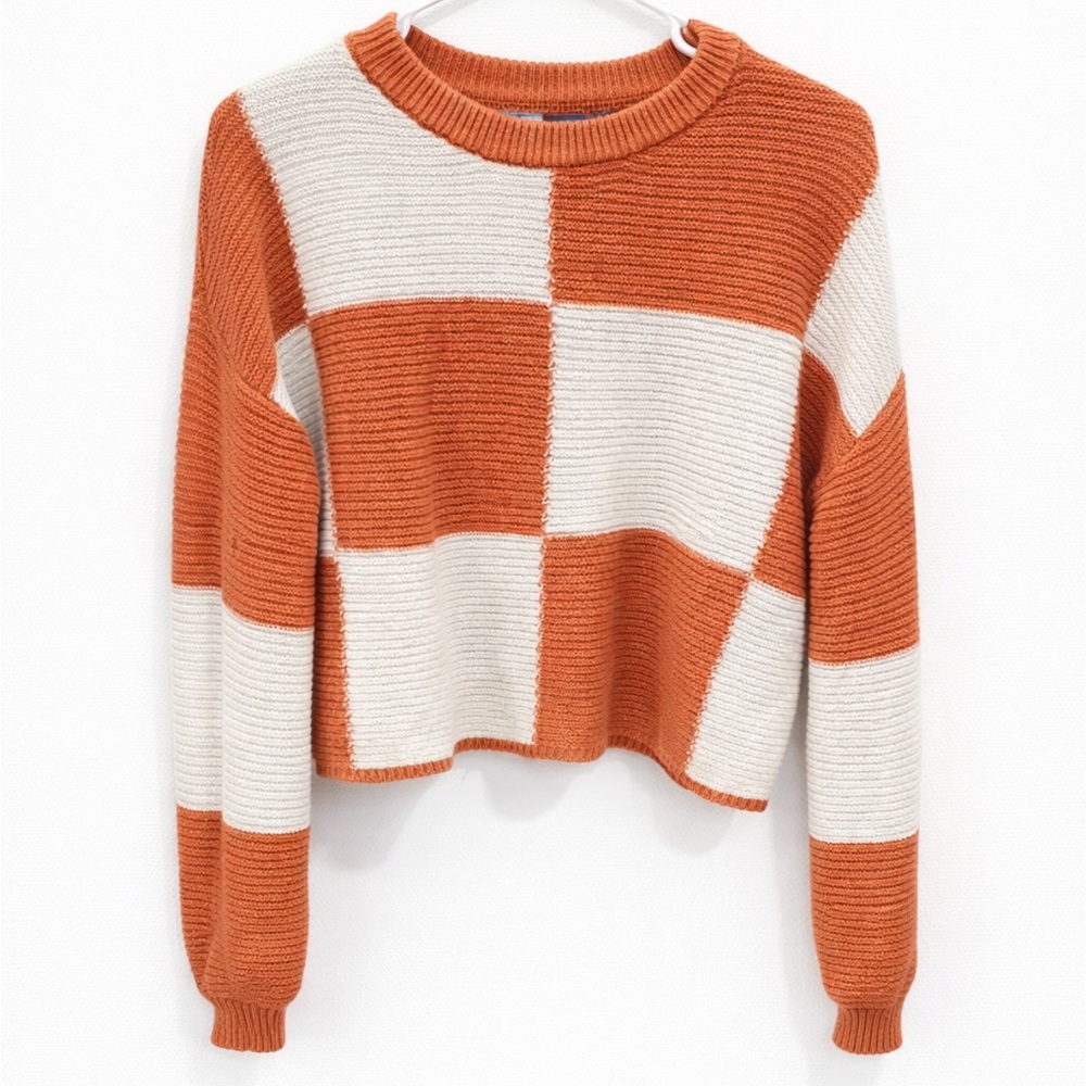 Orange White Checkered Cropped Sweater Chunky Knit Colorblock Pullover